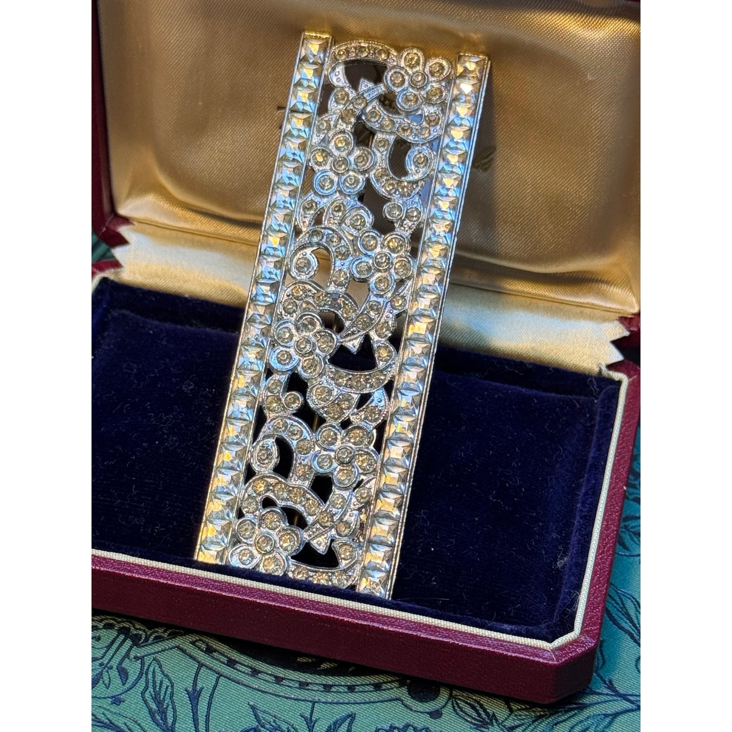 Vintage Blue Rhinestone Brooch Floral Ribbon Bow Statement