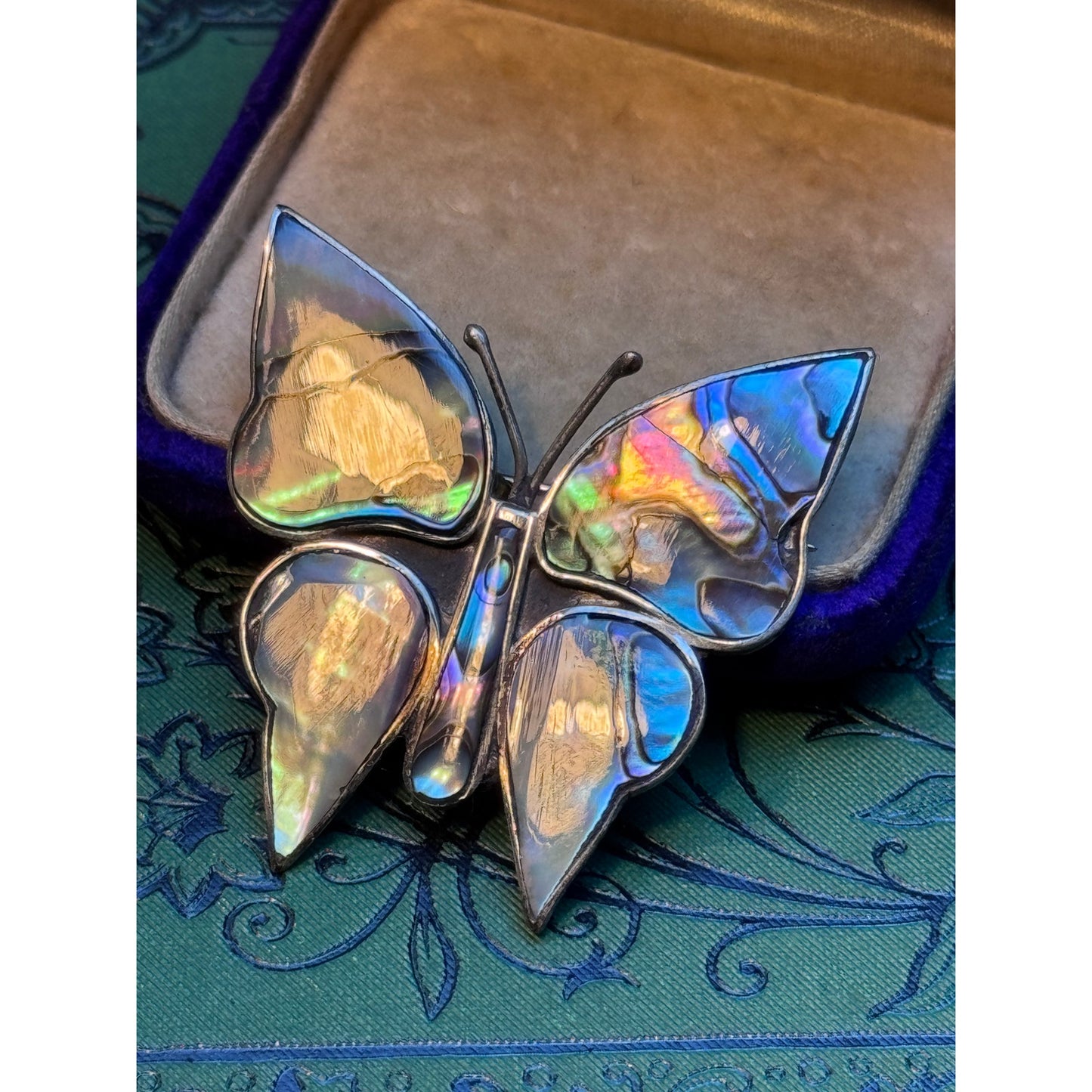 Sterling Butterfly Brooch Abalone Mexico 925 Iridescent Shell 1.5"