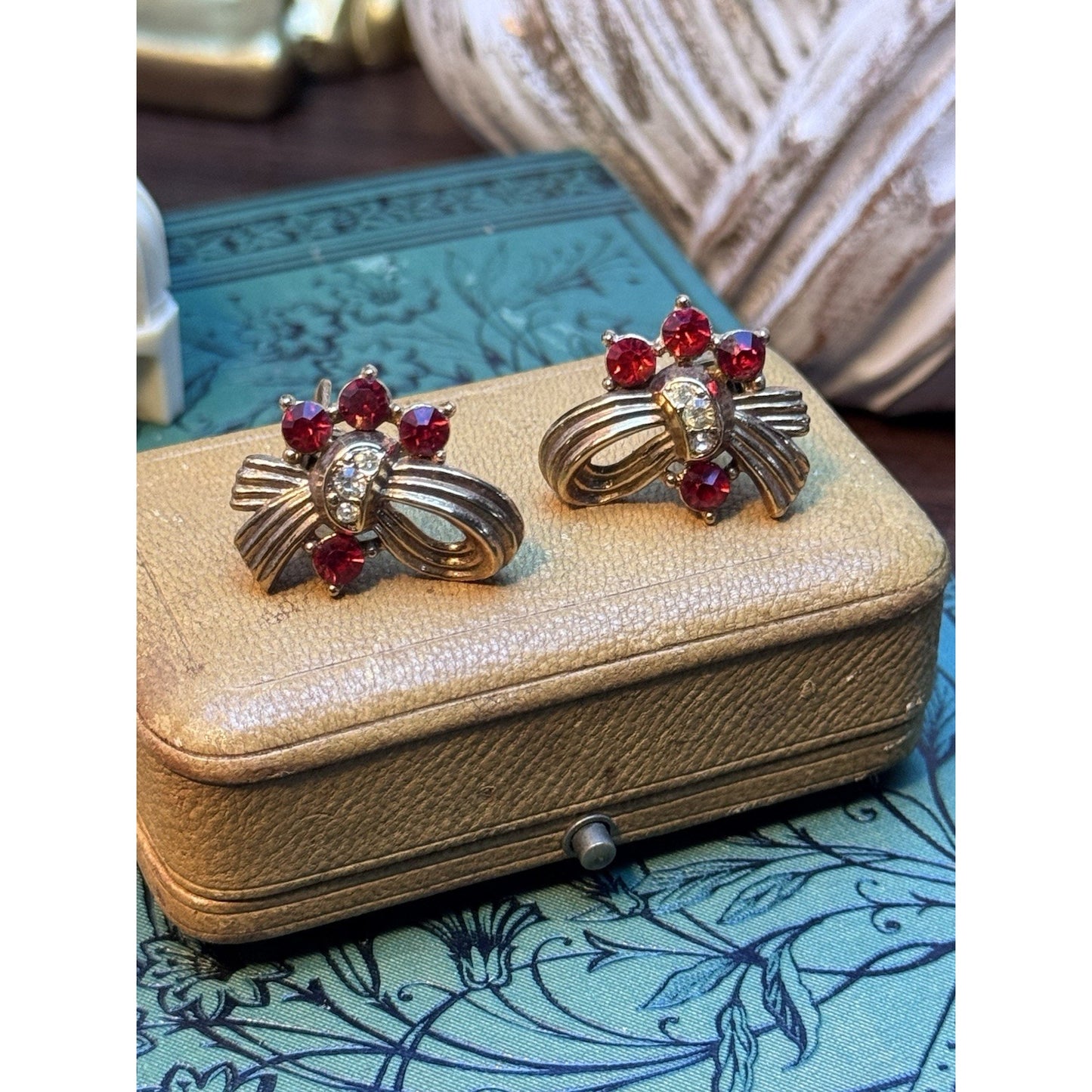 Vintage Ribbon Clip-On Earrings Rose Goldtone Red Clear Rhinestones 1”