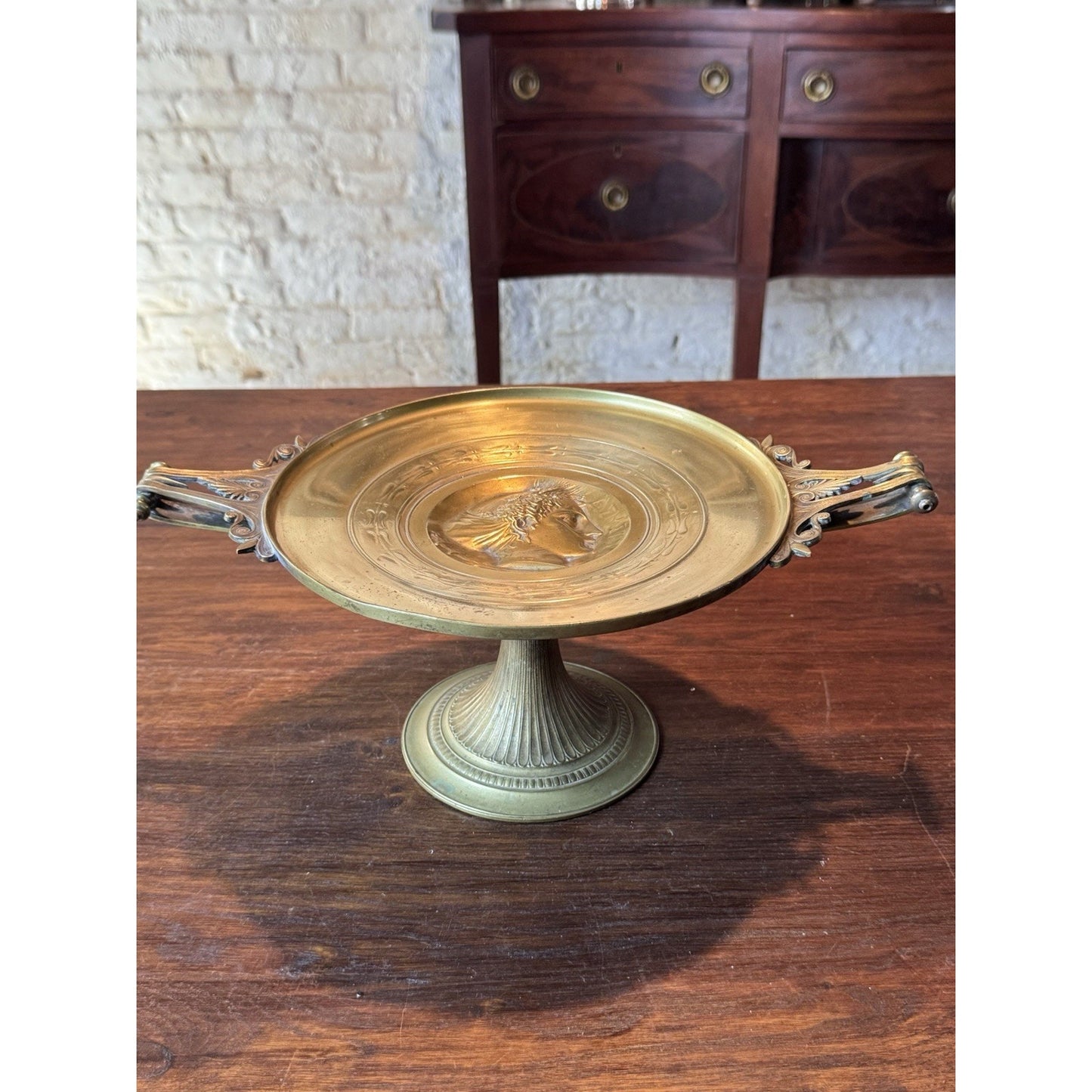 Antique Brass Tazza Compote Classical Medallion Pedestal Dish 14” Handles