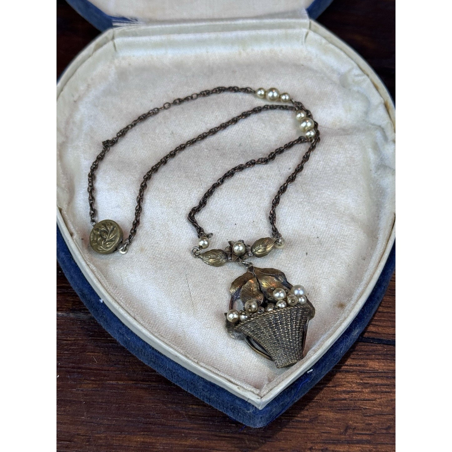 Vintage Floral Basket Necklace Brass Tone Faux Pearl Pendant 16.5” Romantic