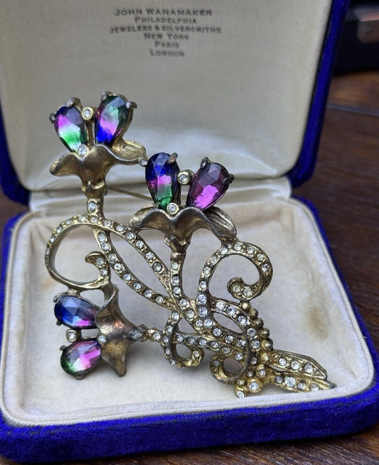 Vintage Brooch Pot Metal Floral Iris Watermelon Rhinestone Clear Paste Pin 3.75”