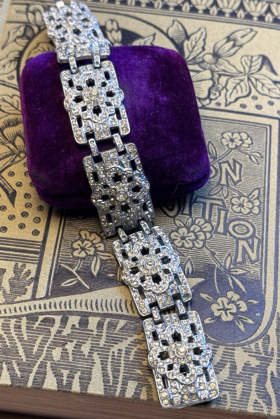 Art Deco Bracelet Clear Rhinestone Statement Vintage Jewelry 7.25”