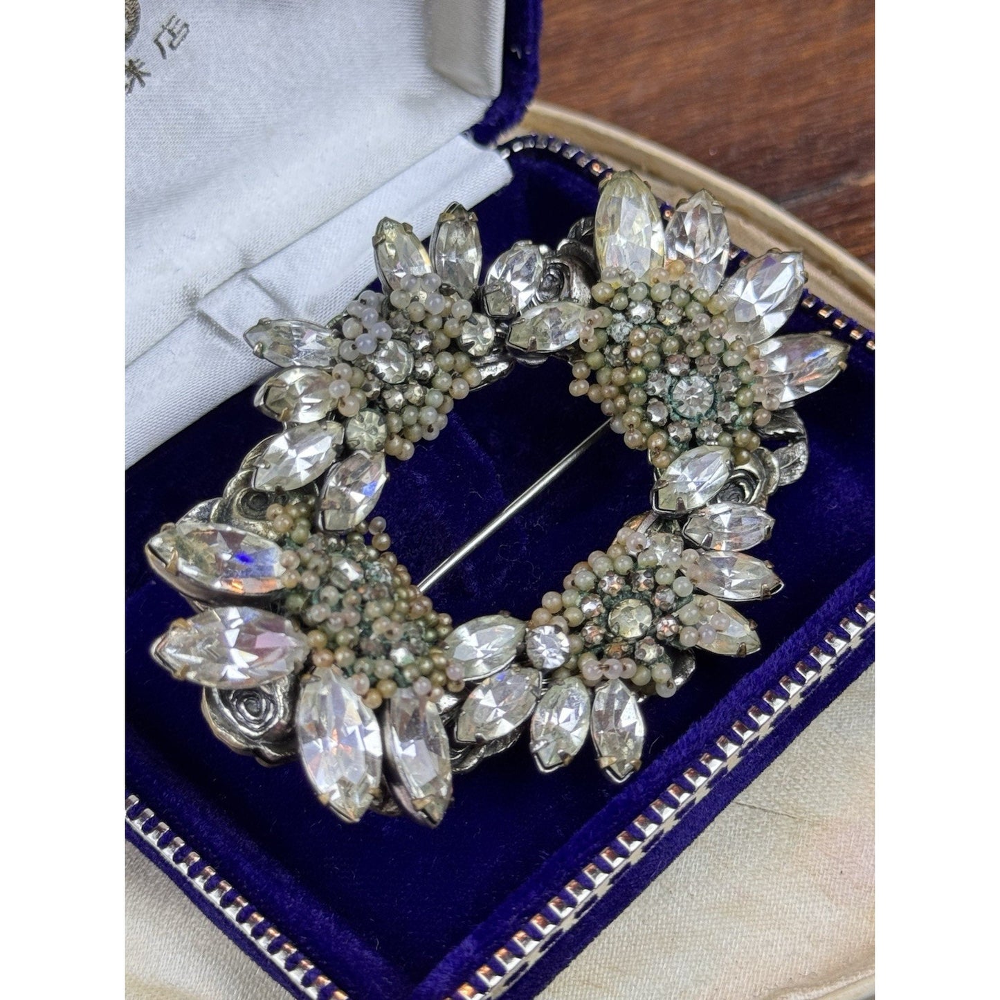 VTG Miriam Haskell Brooch Rhinestone Seed Pearl Floral Wreath Signed 3” READ‼️