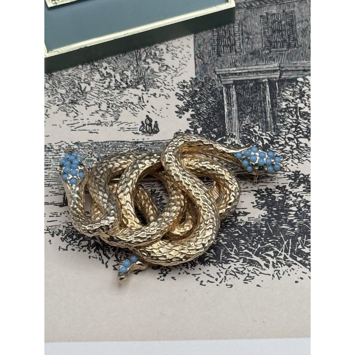 Les Bernard Snake Brooch Goldtone Serpent Blue Cabochon 2” Signed Inc Vintage