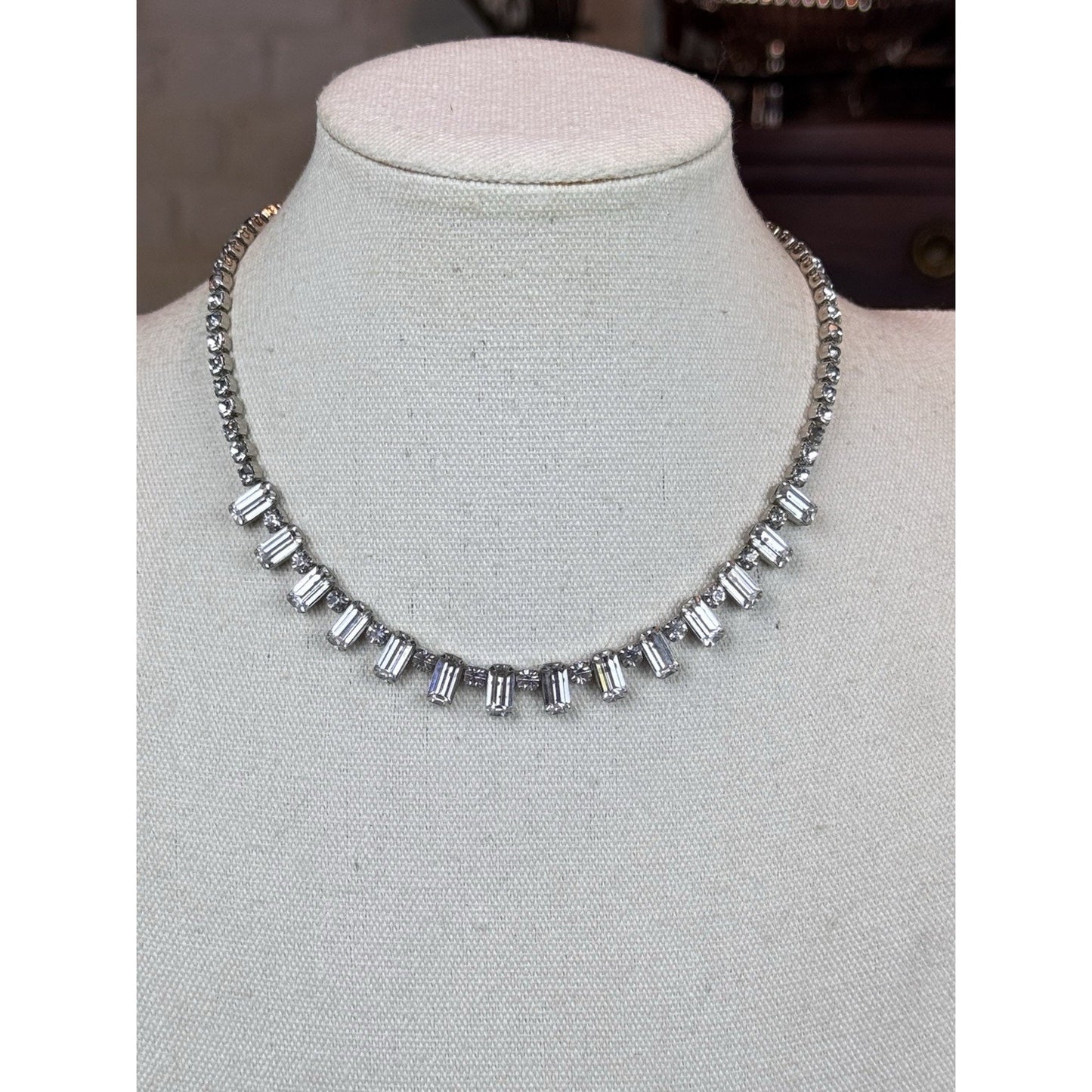 Vintage WEISS Necklace Clear Rhinestone Baguette Fringe – Signed – Circa 1950s
