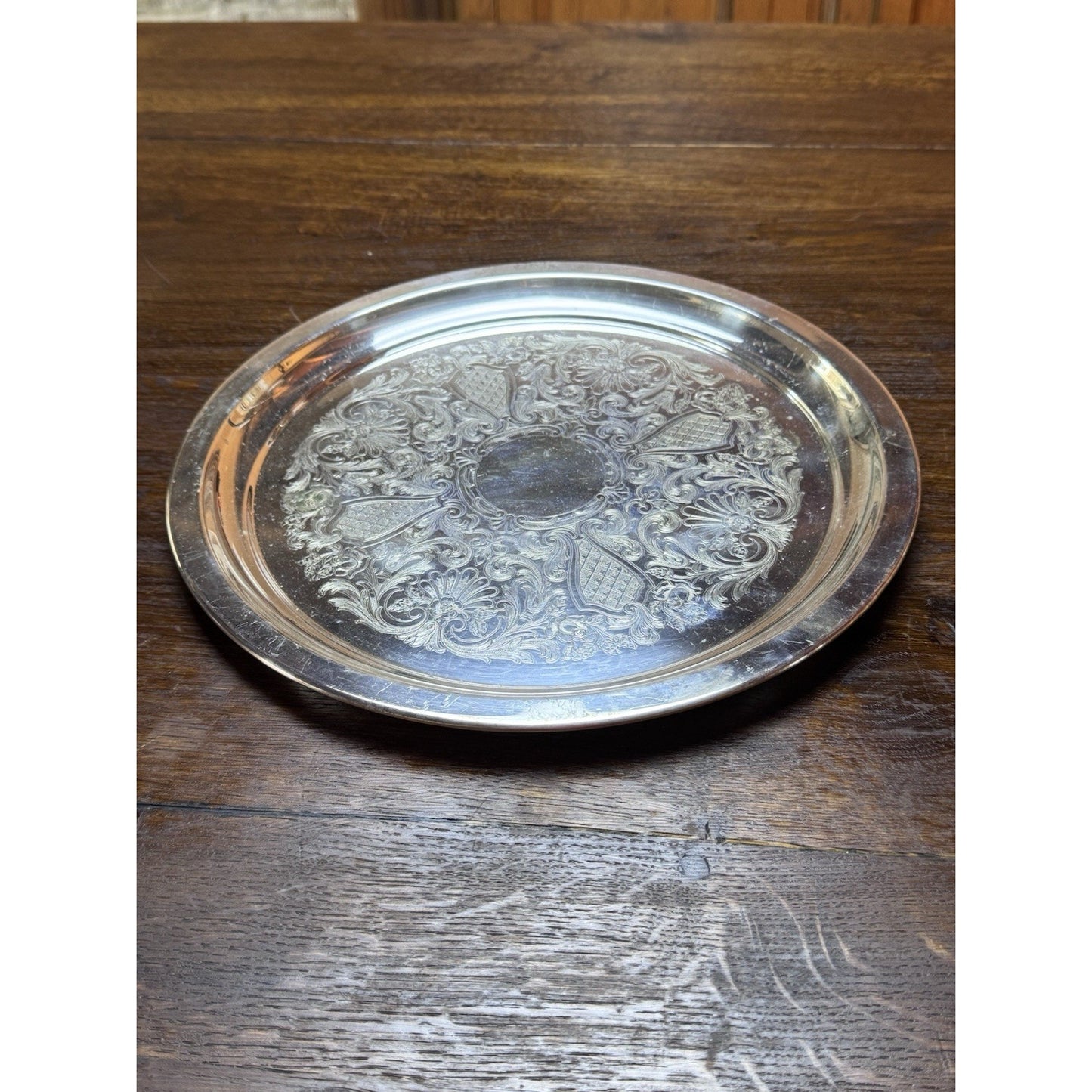 Vintage Silverplate Round Serving Tray 12” Ornate Floral Engraved Platter