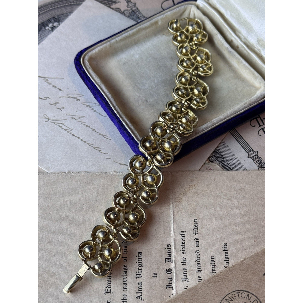 Trifari Bracelet Faux Pearl Brown Rhinestone Goldtone Signed 6.5” Vintage
