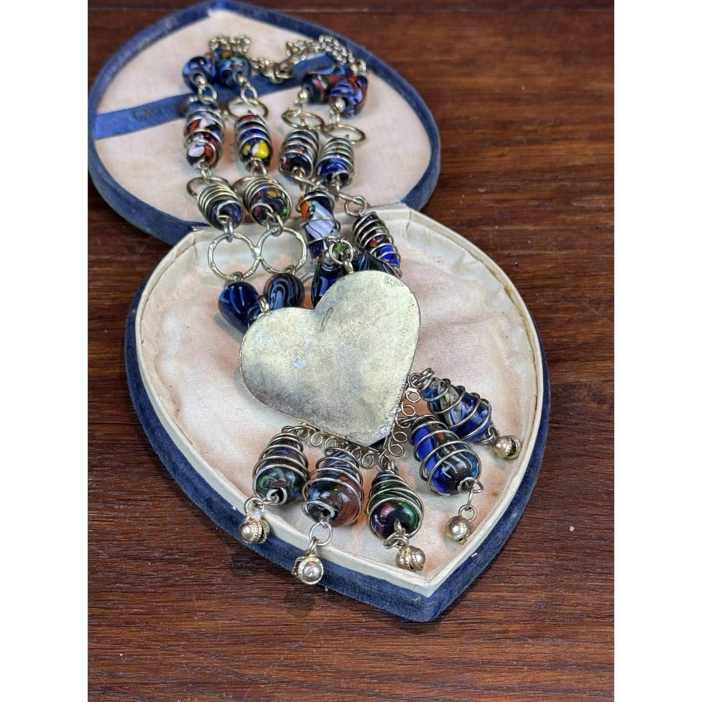 Millefiori Glass Necklace Double Strand Heart Pendant Artisan Statement 23.5”
