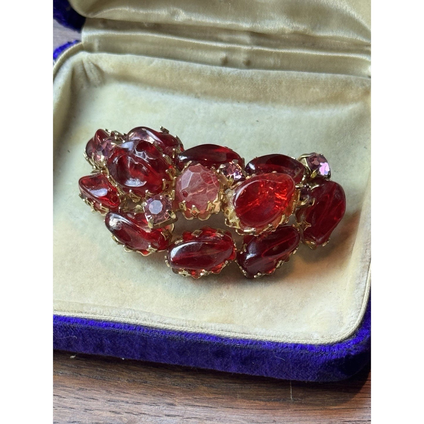 Vintage Brooch Red Lucite 2.25” Goldtone Crescent Cabochon Rhinestone Cluster