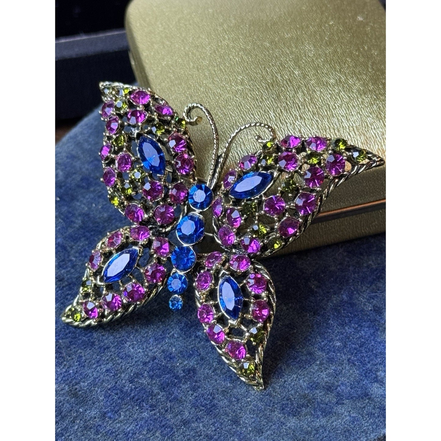 Vintage Butterfly Brooch Pink Blue Green Rhinestones Openwork Goldtone Large