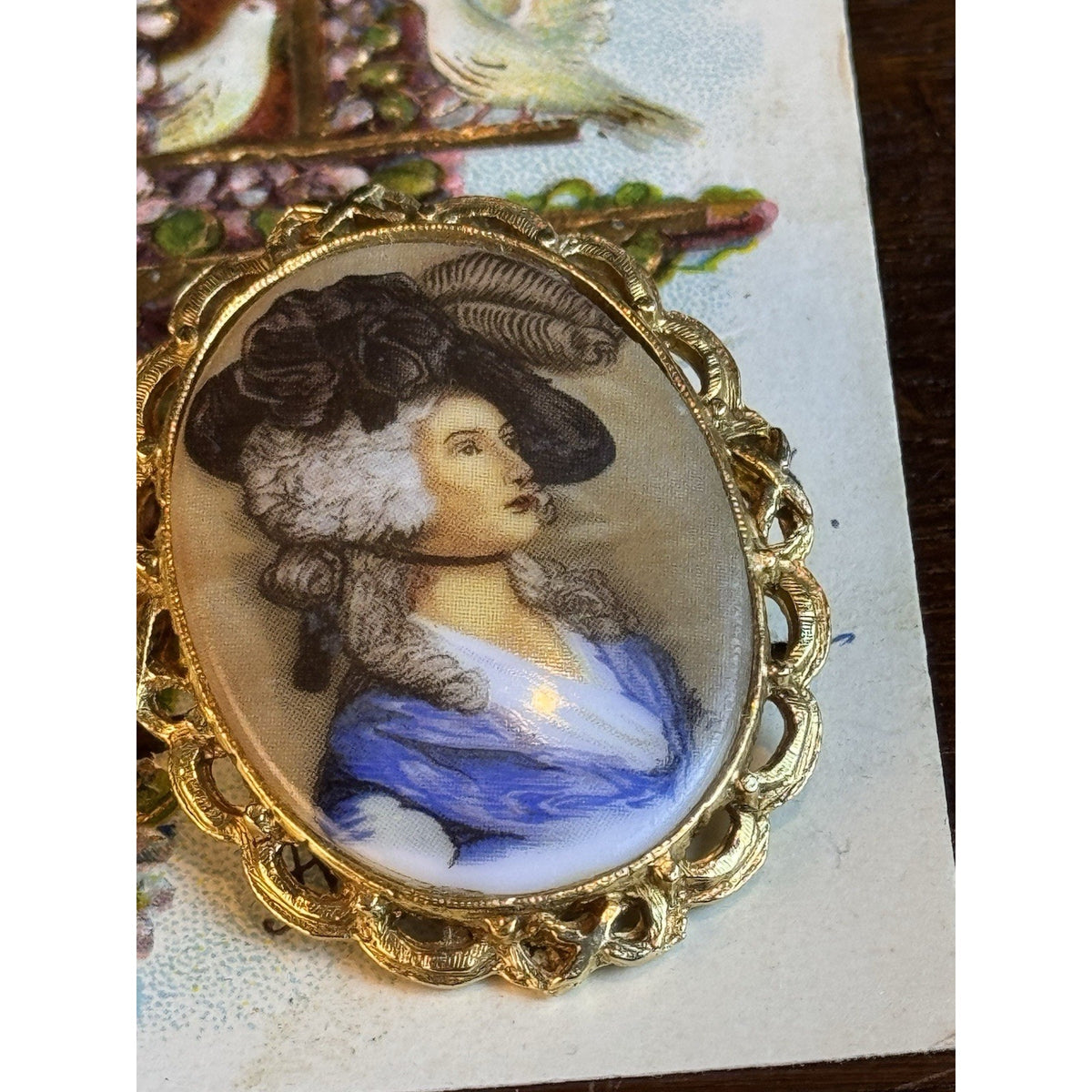 Lady Portrait Brooch VINTAGE Blue Dress Feather Hat Goldtone Oval Frame 2”