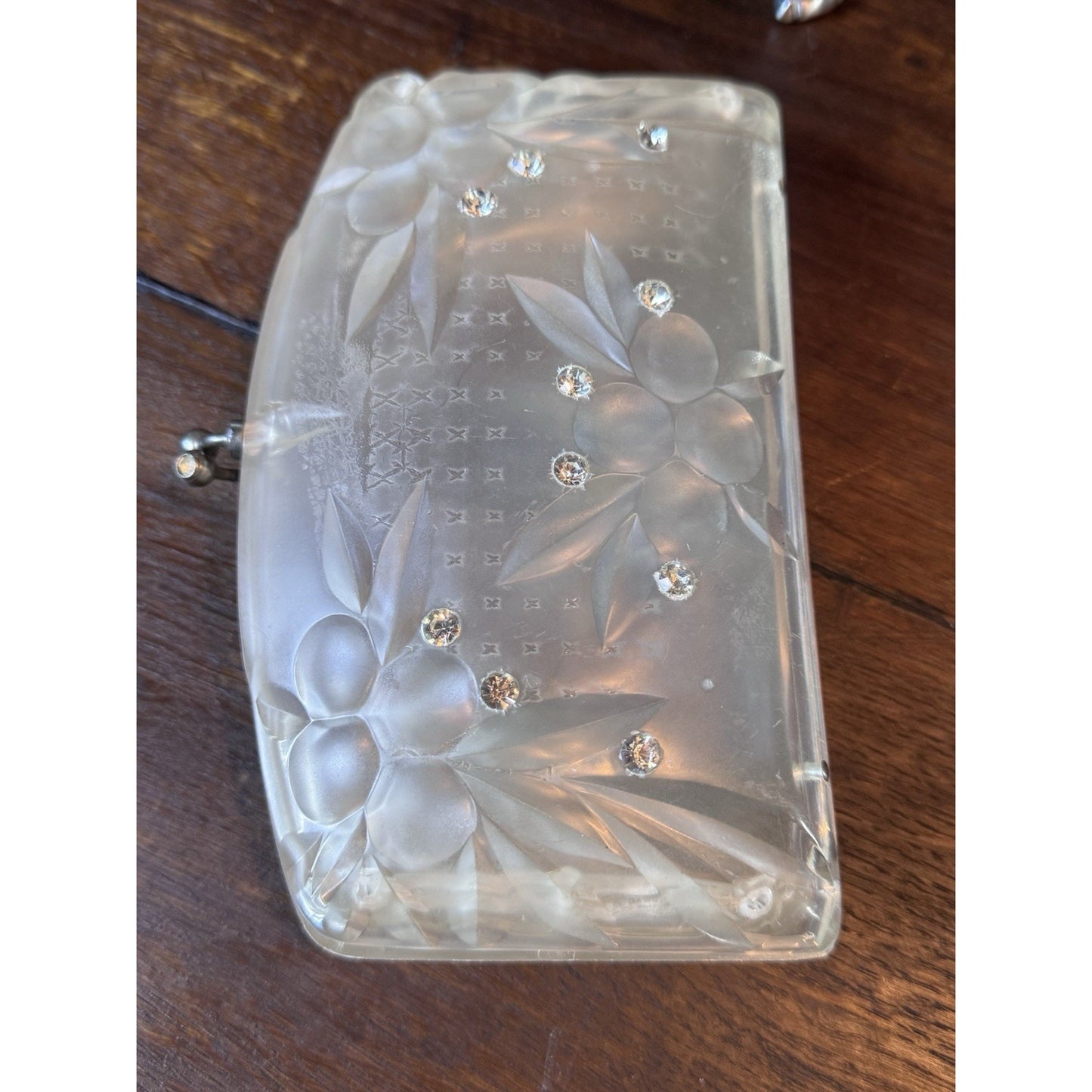 Vintage Lucite Rhinestone Clutch Purse Frosted Floral Clear Evening Handbag