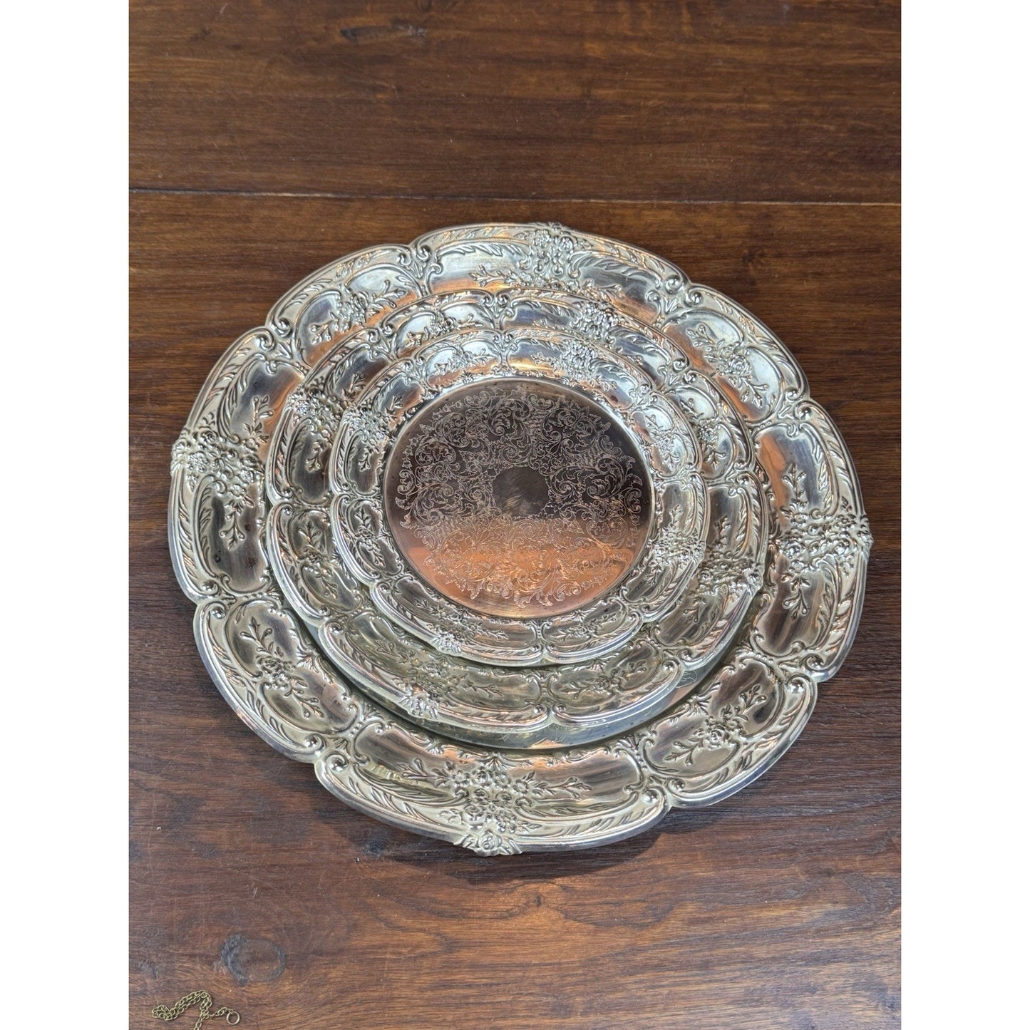 Silverplate Trays Set of 3 Leonard Repoussé Floral 14.5” 10.5” 8” VINTAGE