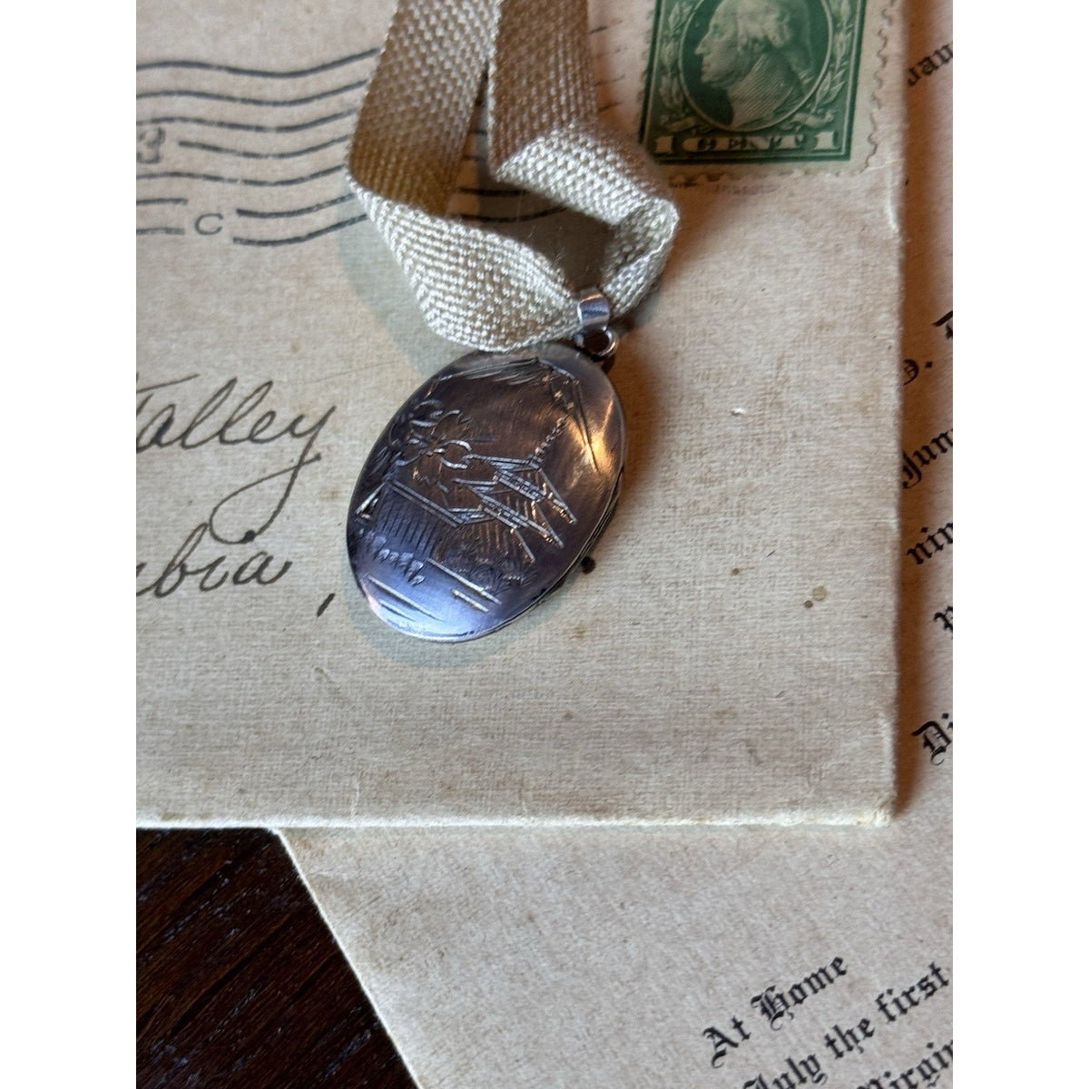 Vintage Silver Locket Pendant Engraved Japanese Pagoda Mountain Scene 1” x .75”