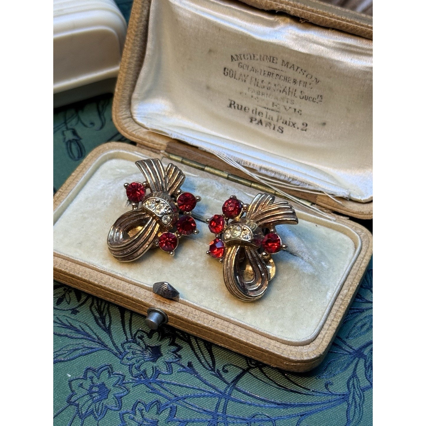 Vintage Ribbon Clip-On Earrings Rose Goldtone Red Clear Rhinestones 1”