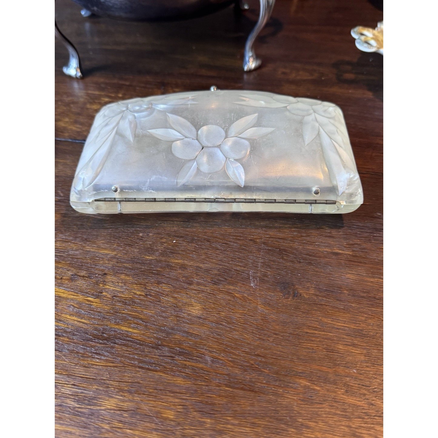 Vintage Lucite Rhinestone Clutch Purse Frosted Floral Clear Evening Handbag