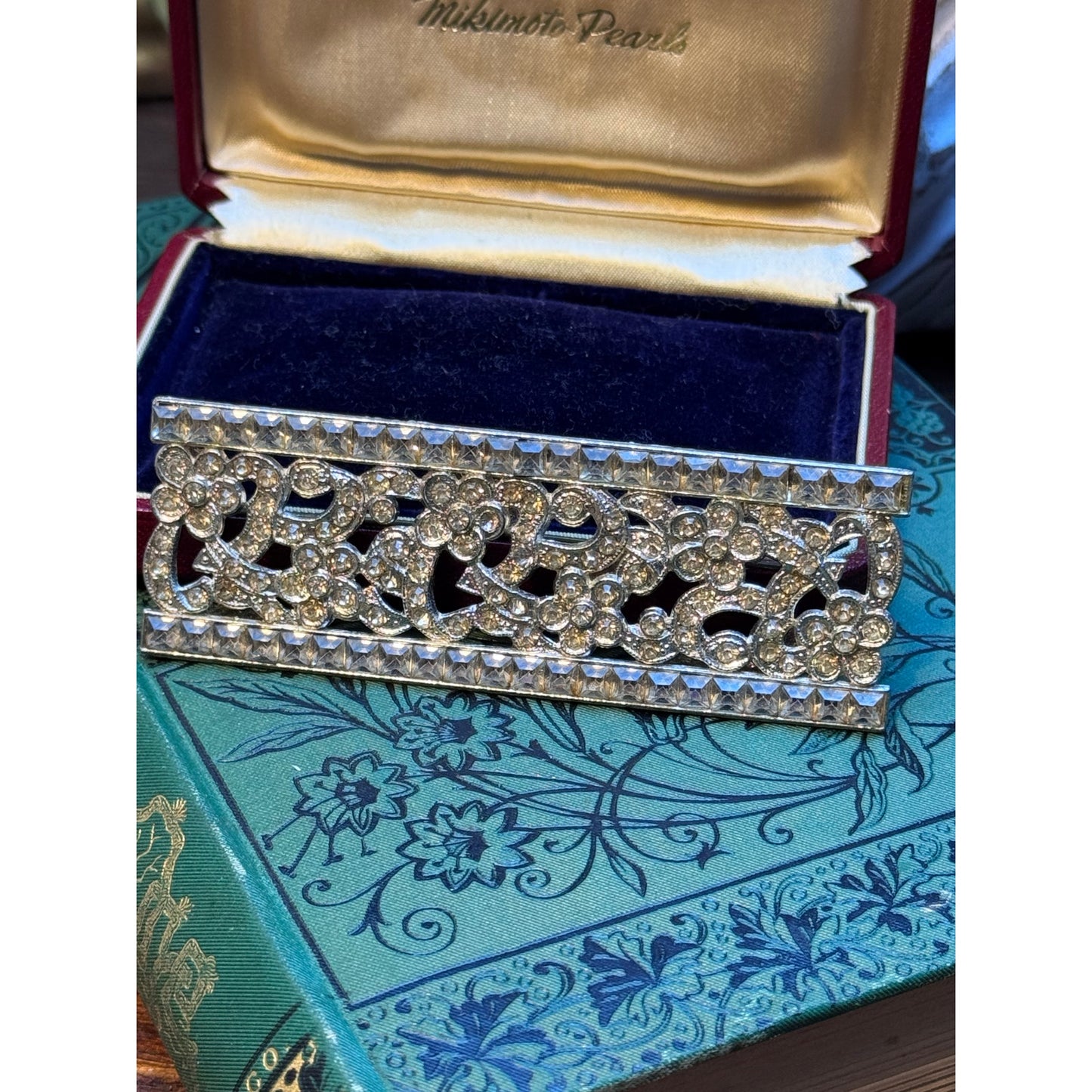 Vintage Blue Rhinestone Brooch Floral Ribbon Bow Statement