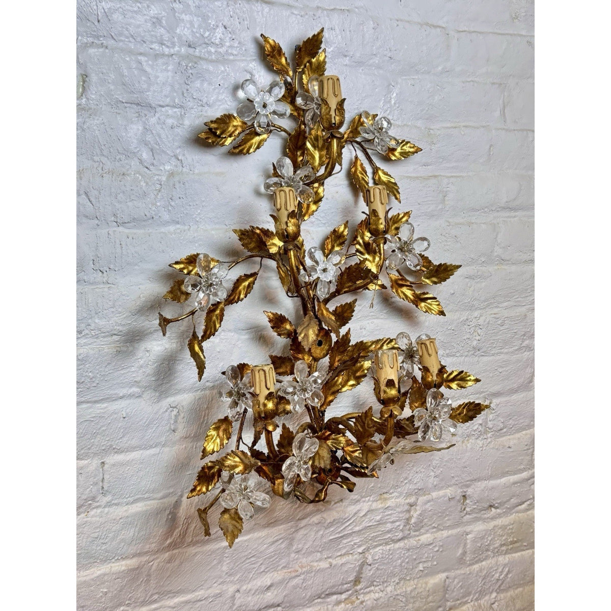 Maison Bagues Style Gilt Tole Wall Sconces Pair 6 Light Crystal Flowers Bow 27”