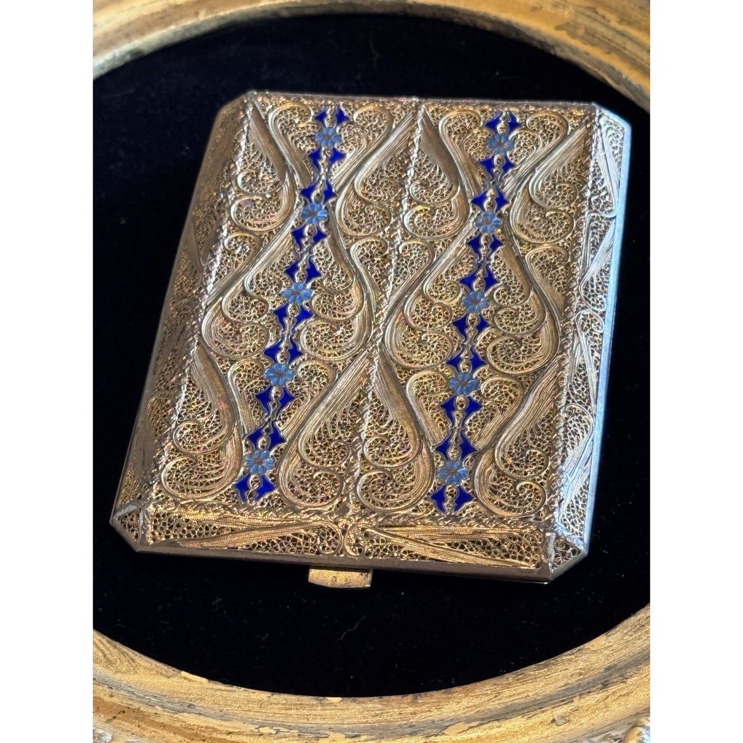 Vintage Cannetille Silver  Case Blue Enamel Gilt - Business Card Holder-