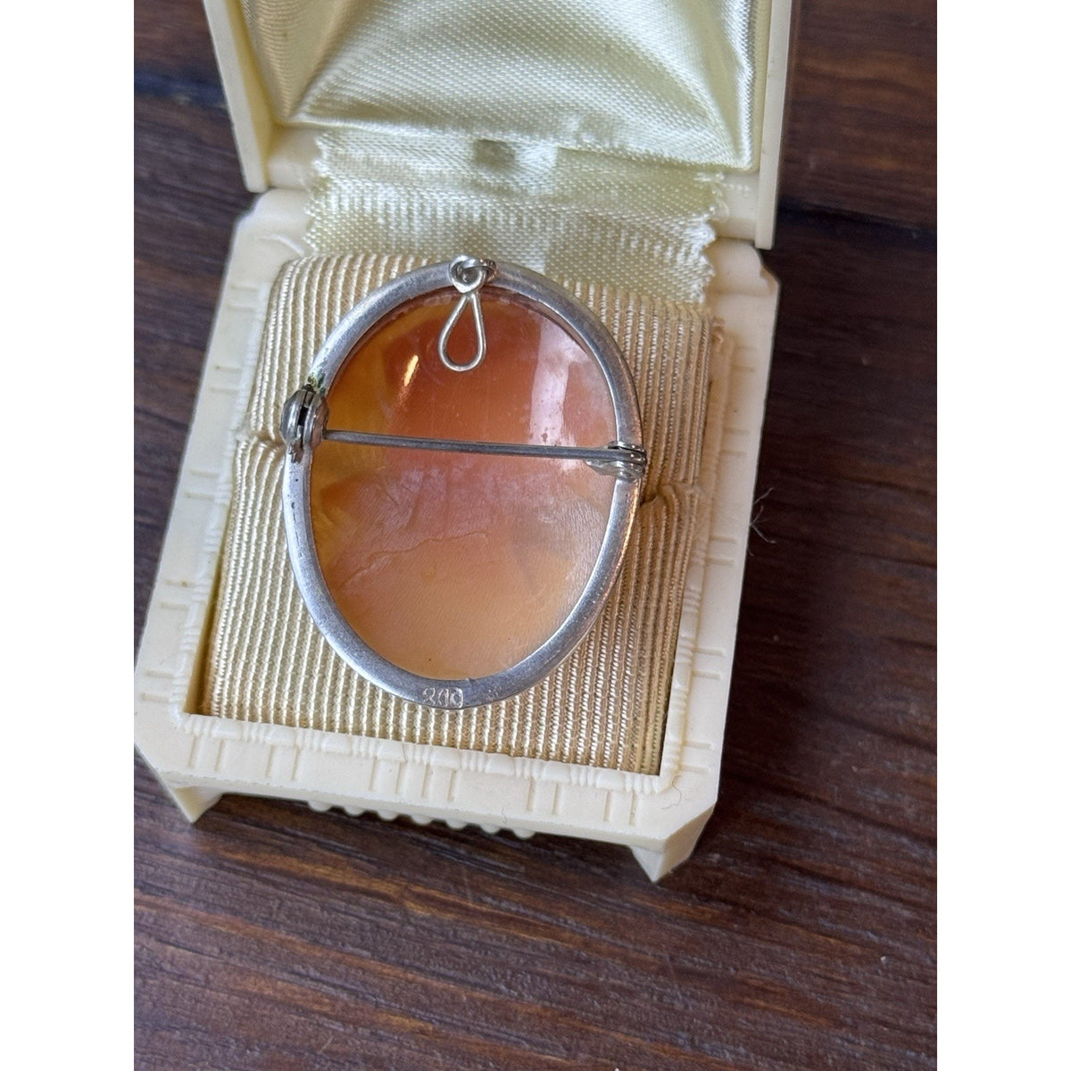 Vintage 800 Silver Shell Cameo Brooch Pendant Hand Carved Lady 1.25”