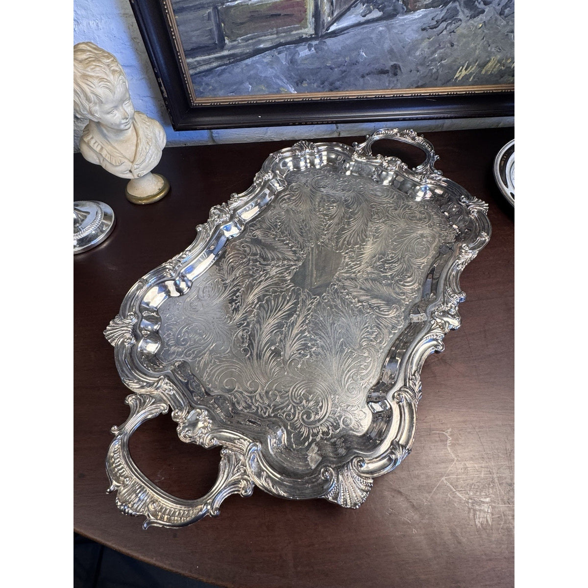 Silverplate Serving Tray Footed Handled Shell Motif Large Decorative