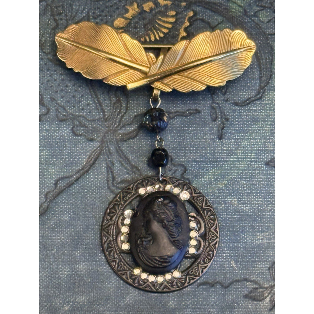 Cameo Brooch Gold Filled Hook Black Rhinestone Pendant Vintage 2.25” x 1.75”