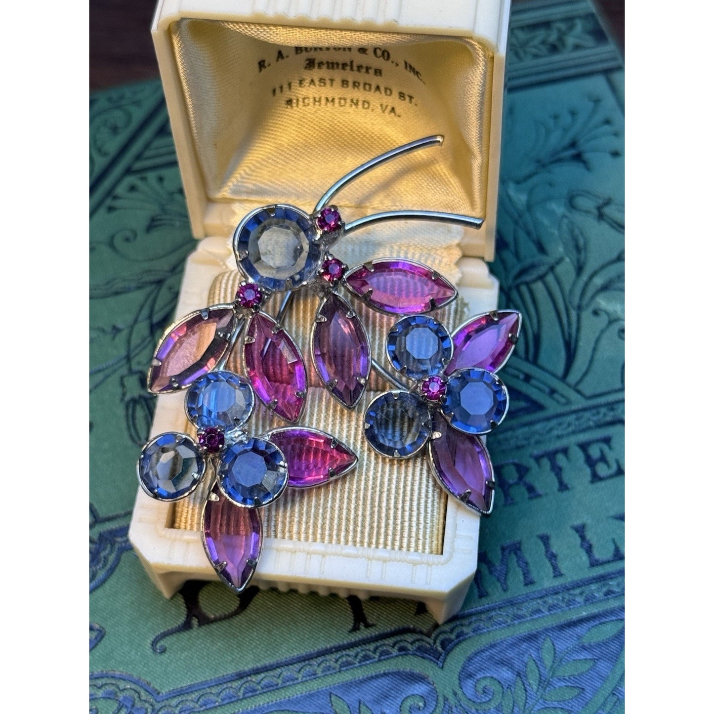 Vintage Blue Pink Rhinestone Flower Brooch Duo Set Silver Tone Floral Pins