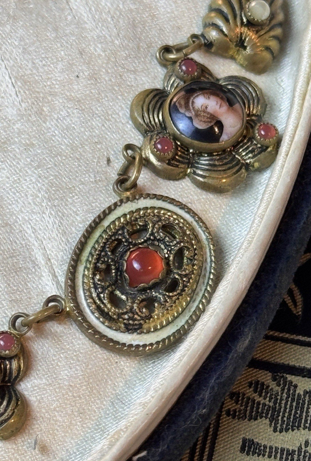 Victorian Revival Brass Necklace Portrait Links Coral Orange Glass Beads 16”