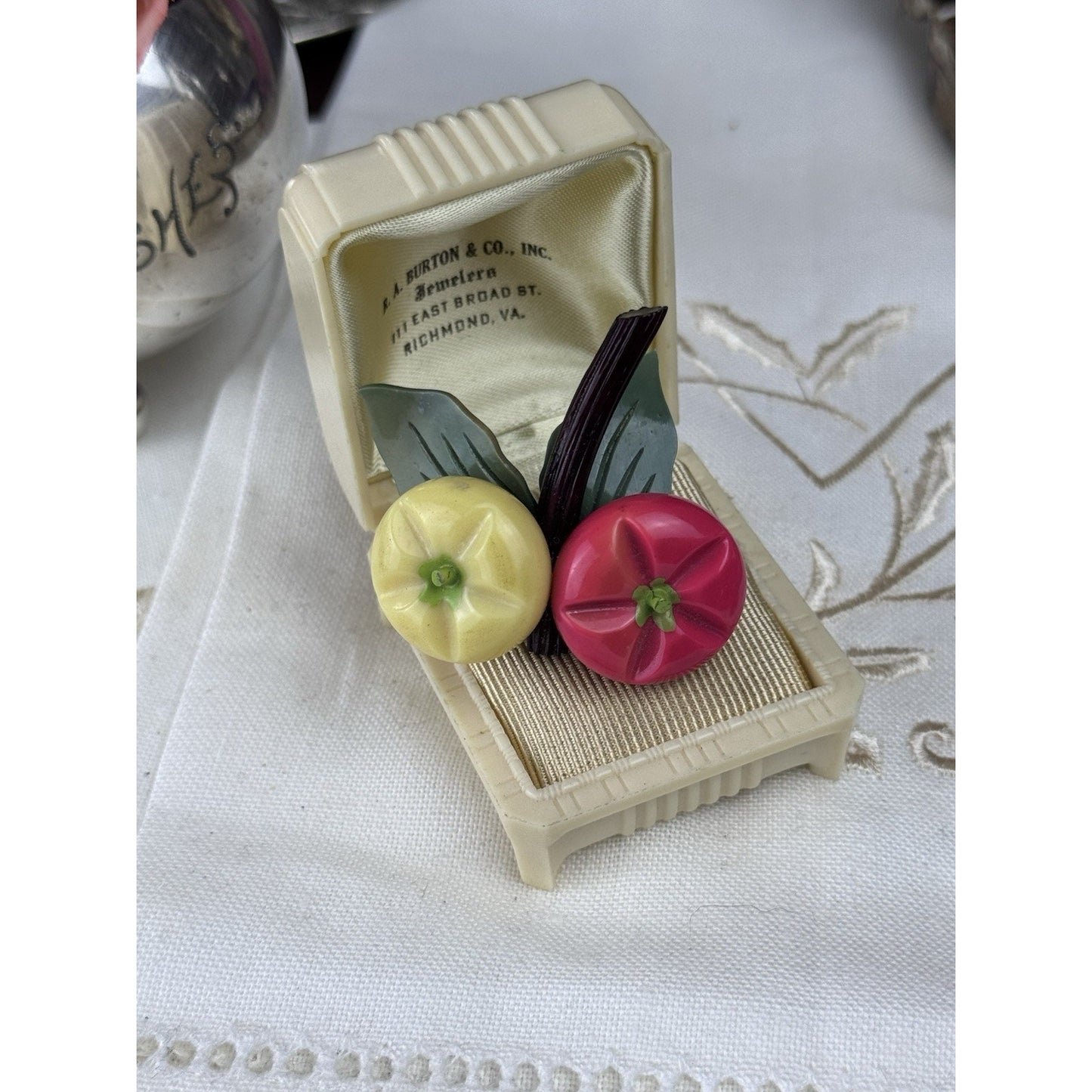 Plastic Fruit Brooch Pink Yellow Persimmon Figural Pin 2” Mid Century VINTAGE