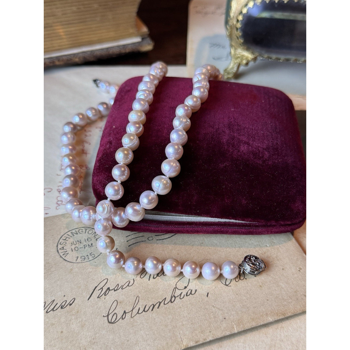 Pink Cultured Pearl Necklace 7mm Knotted Filigree Clasp 24”
