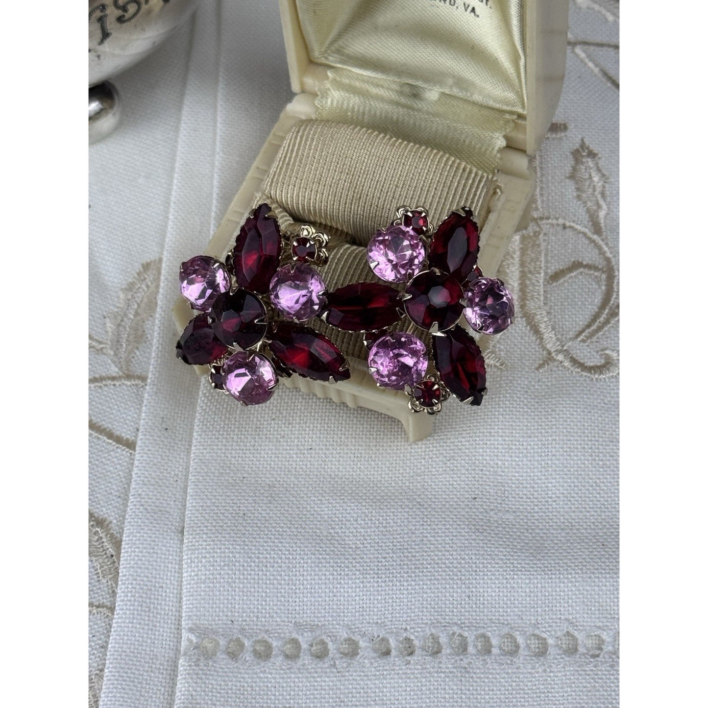 Vintage Clip Earrings Rhinestone Pink Burgundy Red Floral Goldtone 1” Cluster