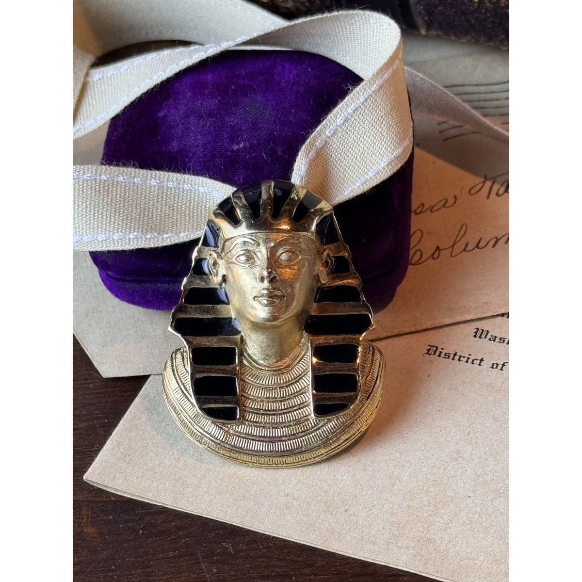 Pharaoh Tutankhamen Brooch Pendant E Pearl Egyptian Revival Black Enamel 2”