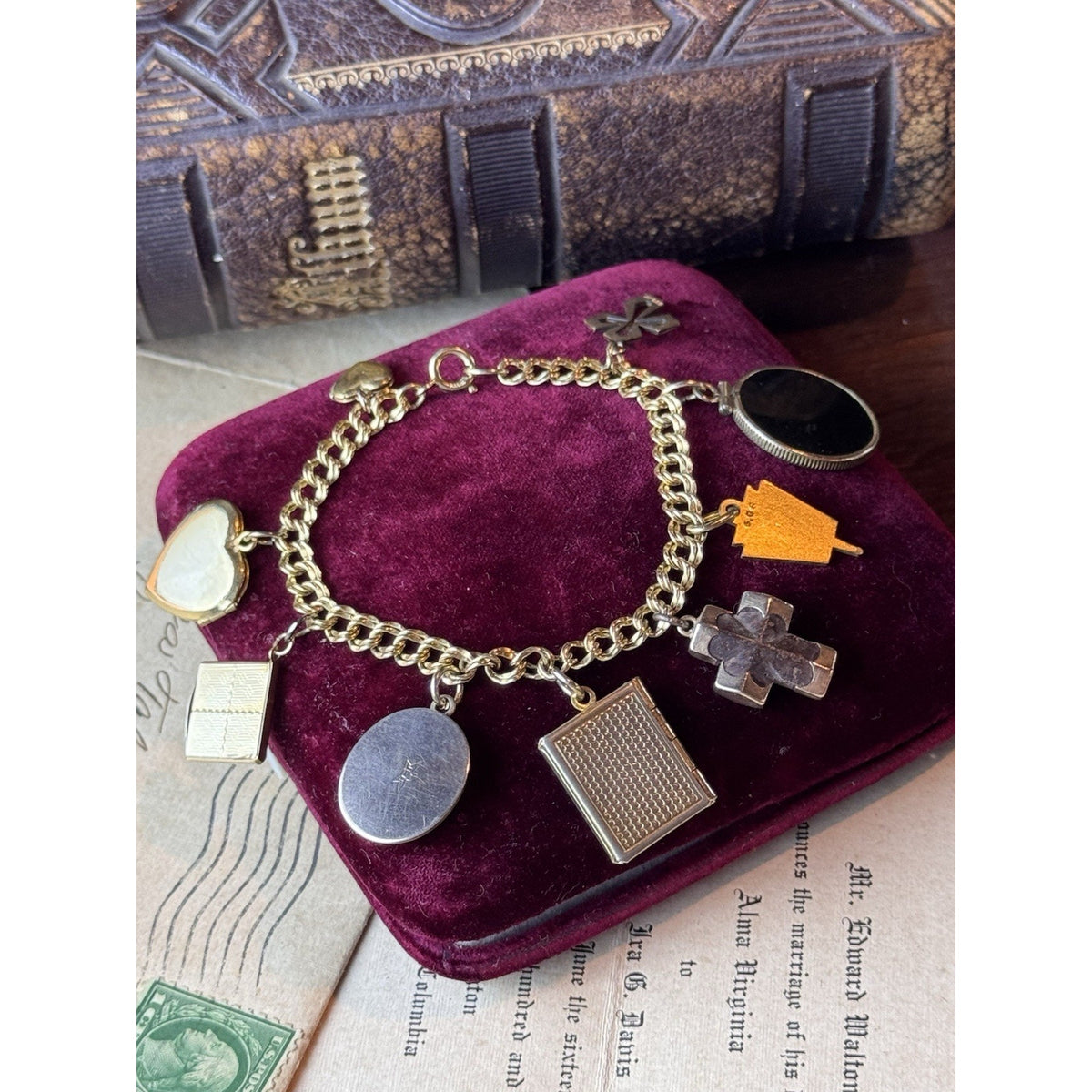 Gold-Filled Charm Bracelet 9 Charms Lockets Cross Marine Fordham 6.5”