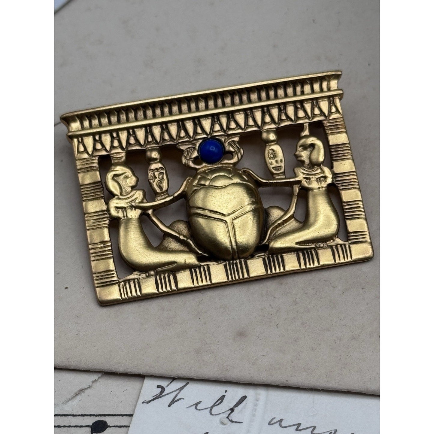 Egyptian Revival Goldtone Scarab Brooch Blue Cabochon 1.75” ESTATE FIND