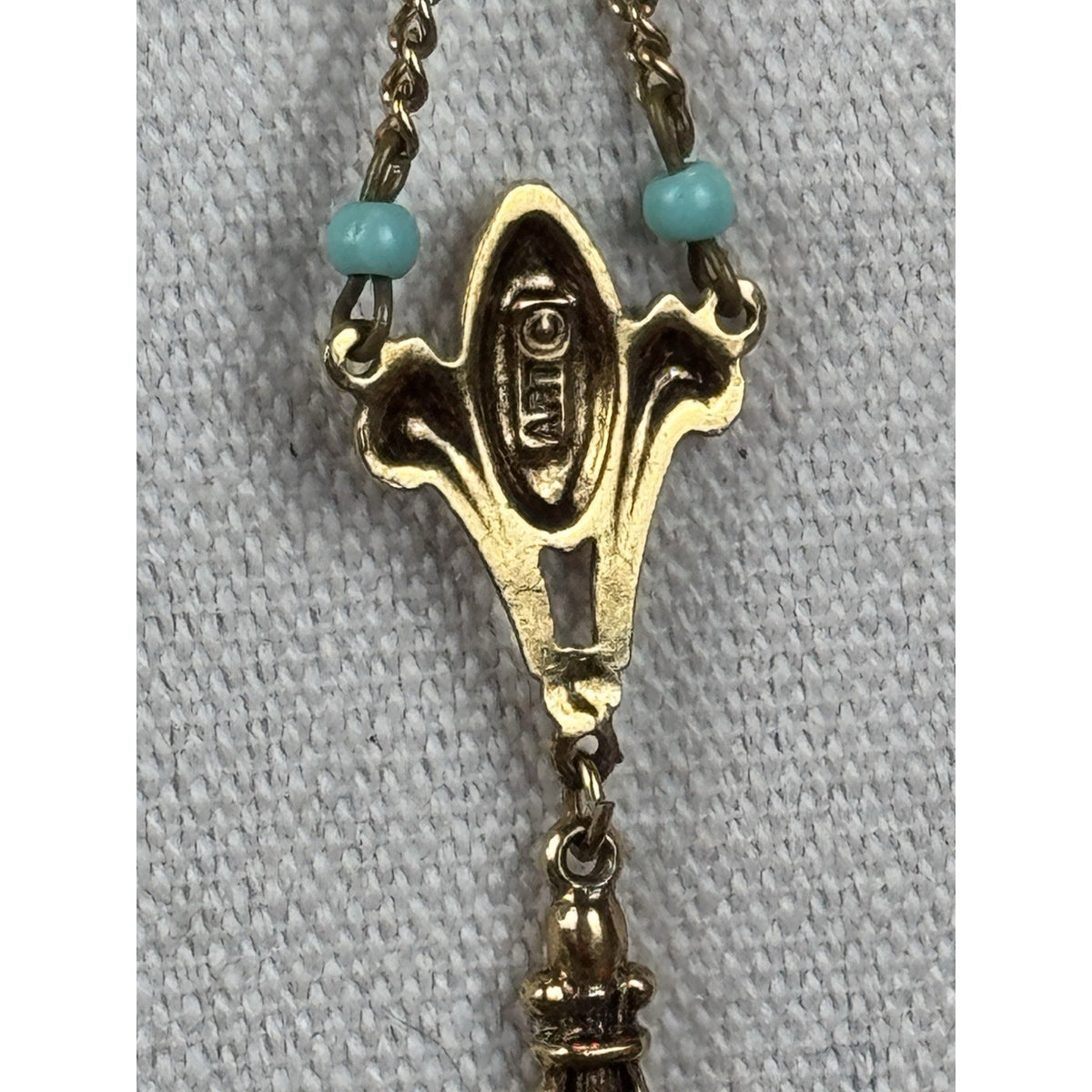 Vintage ART Lavalier Necklace Goldtone Turquoise Blue Beads 16” Signed Pendant
