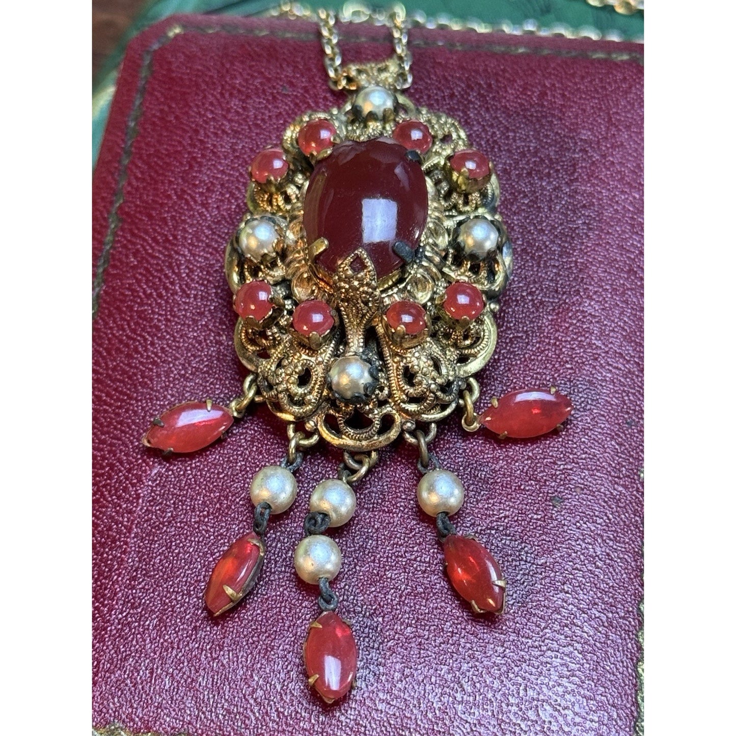 Vintage Filigree Brooch Pendant Necklace Red Art Glass Faux Pearl Dangle 27.5”