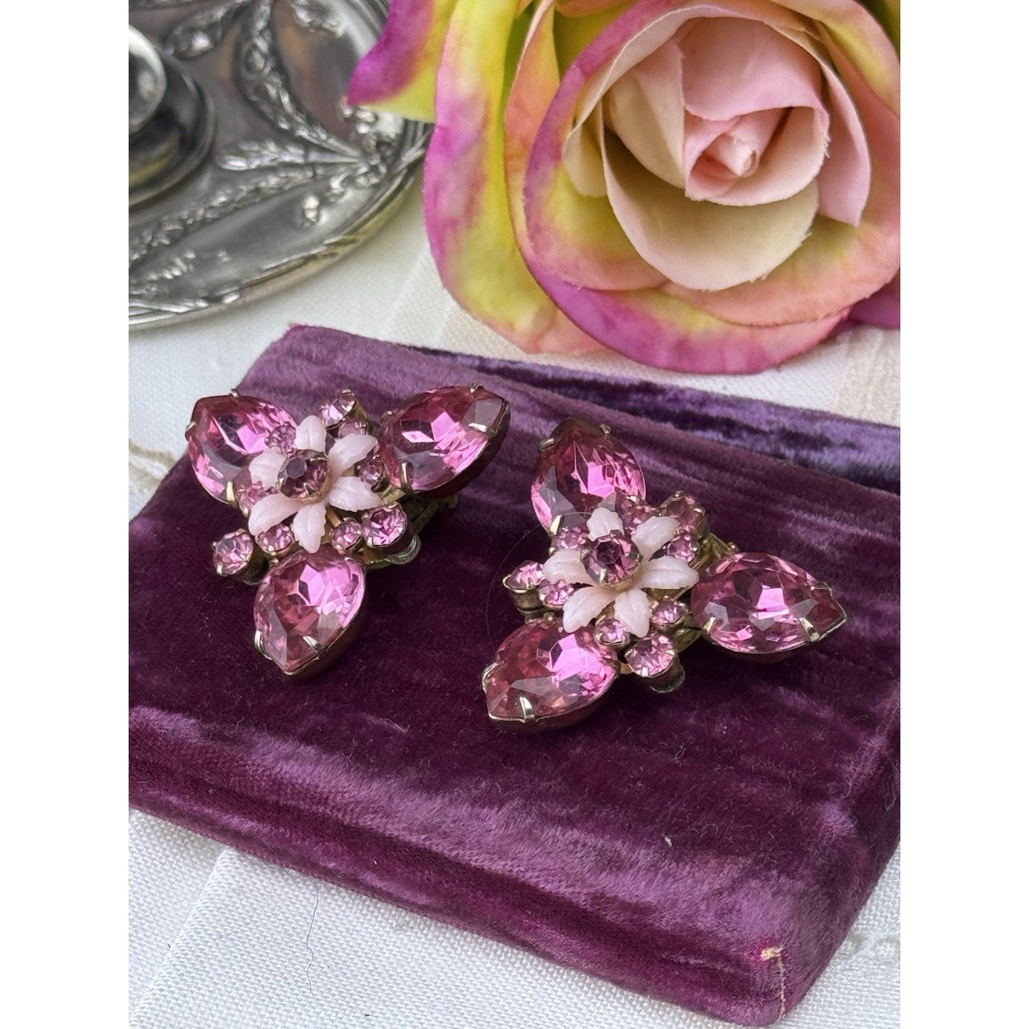Vintage Earrings Pink Rhinestone & Molded Glass Floral Clip-On