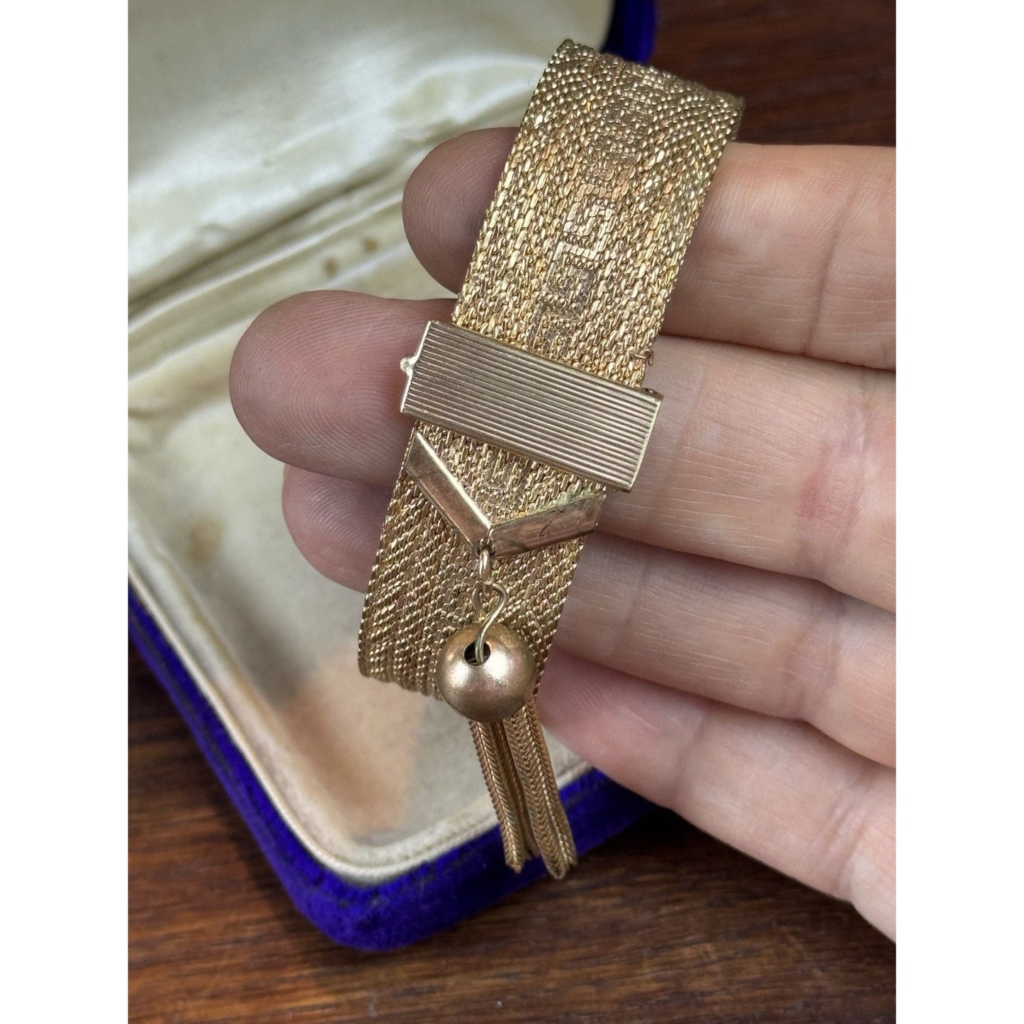 Goldtone Greek Key Bracelet Mesh Belt Tassel Adjustable 7”+ VINTAGE