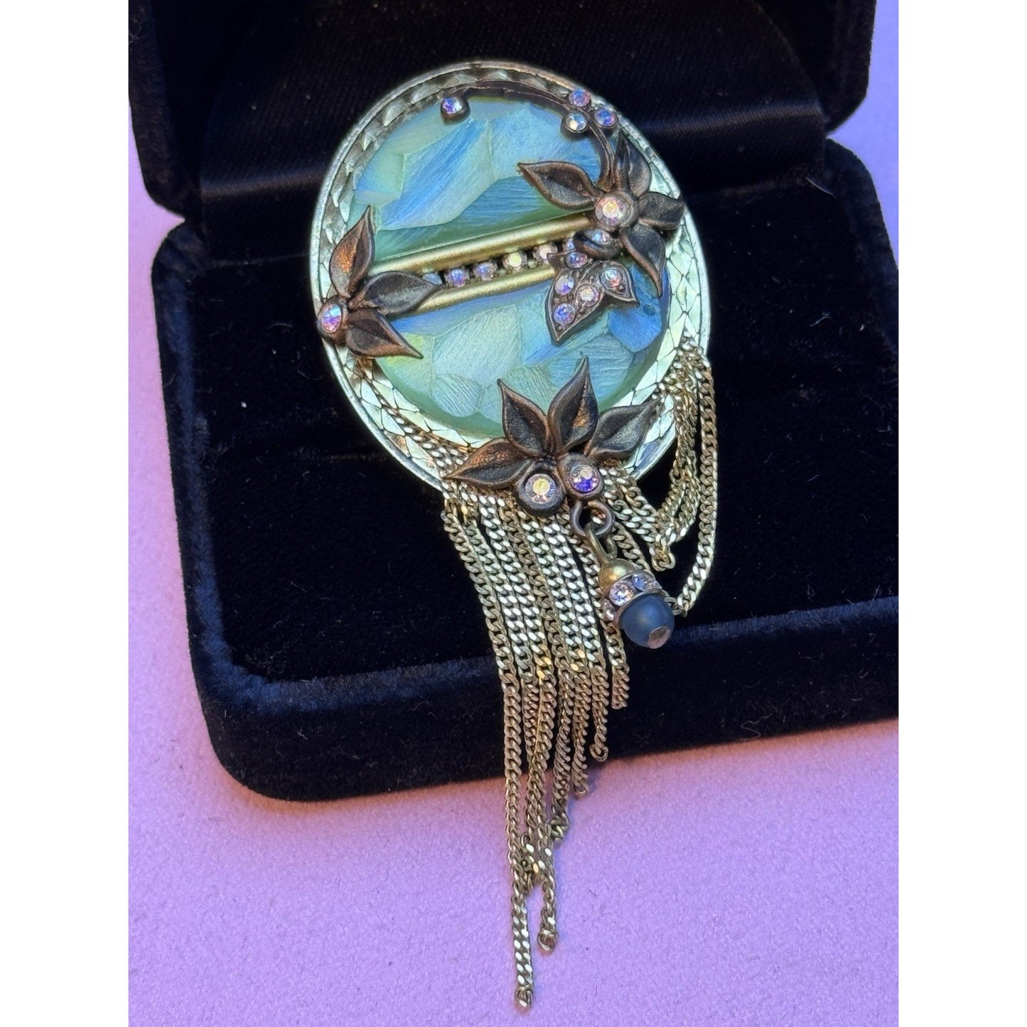 MARENA Germany Brooch Pendant Art Nouveau Revival Tassel Rhinestone Goldtone