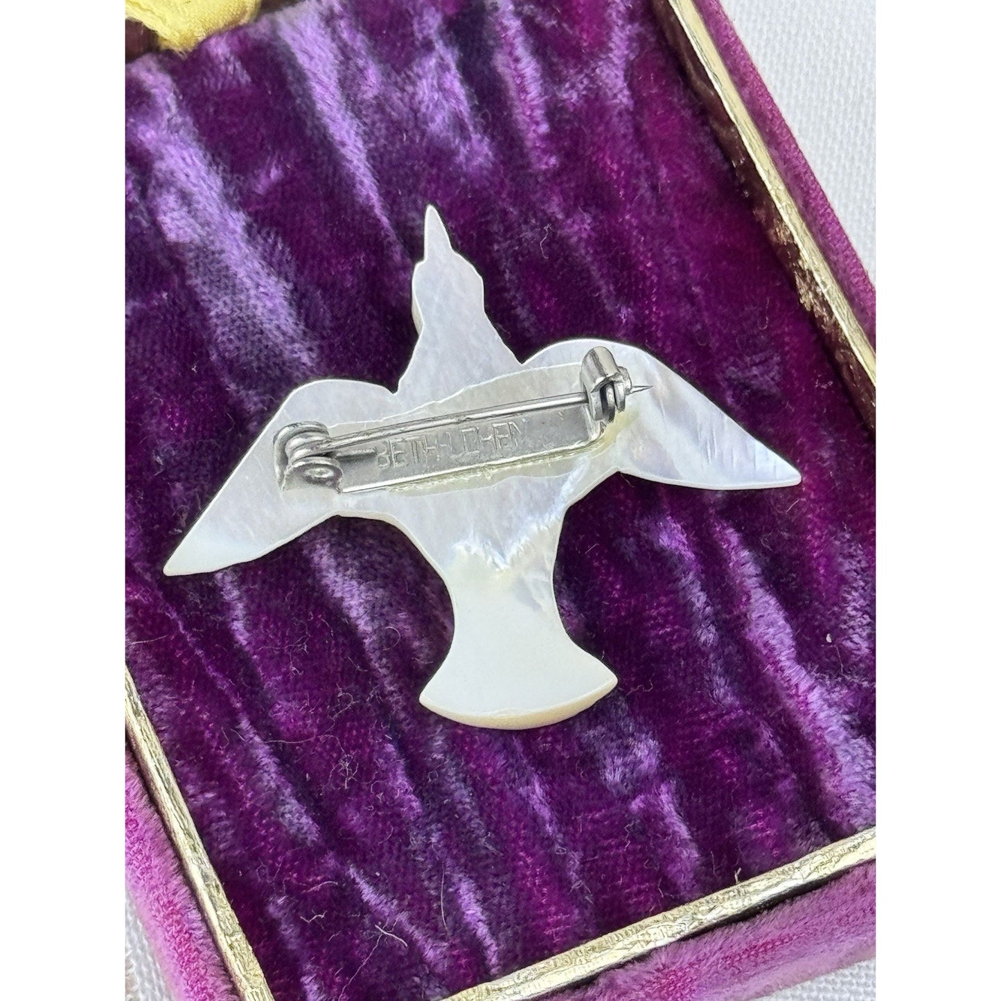 Vintage Bethlehem Mother of Pearl Dove Brooch Hand Carved Bird Pin 1.75”