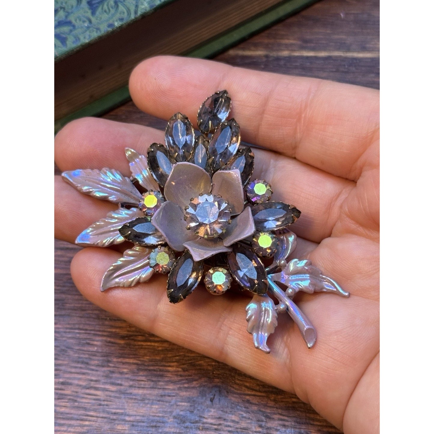 Vintage Lilac Enamel Floral Spray Brooch Smoky Lavender Rhinestones 3”