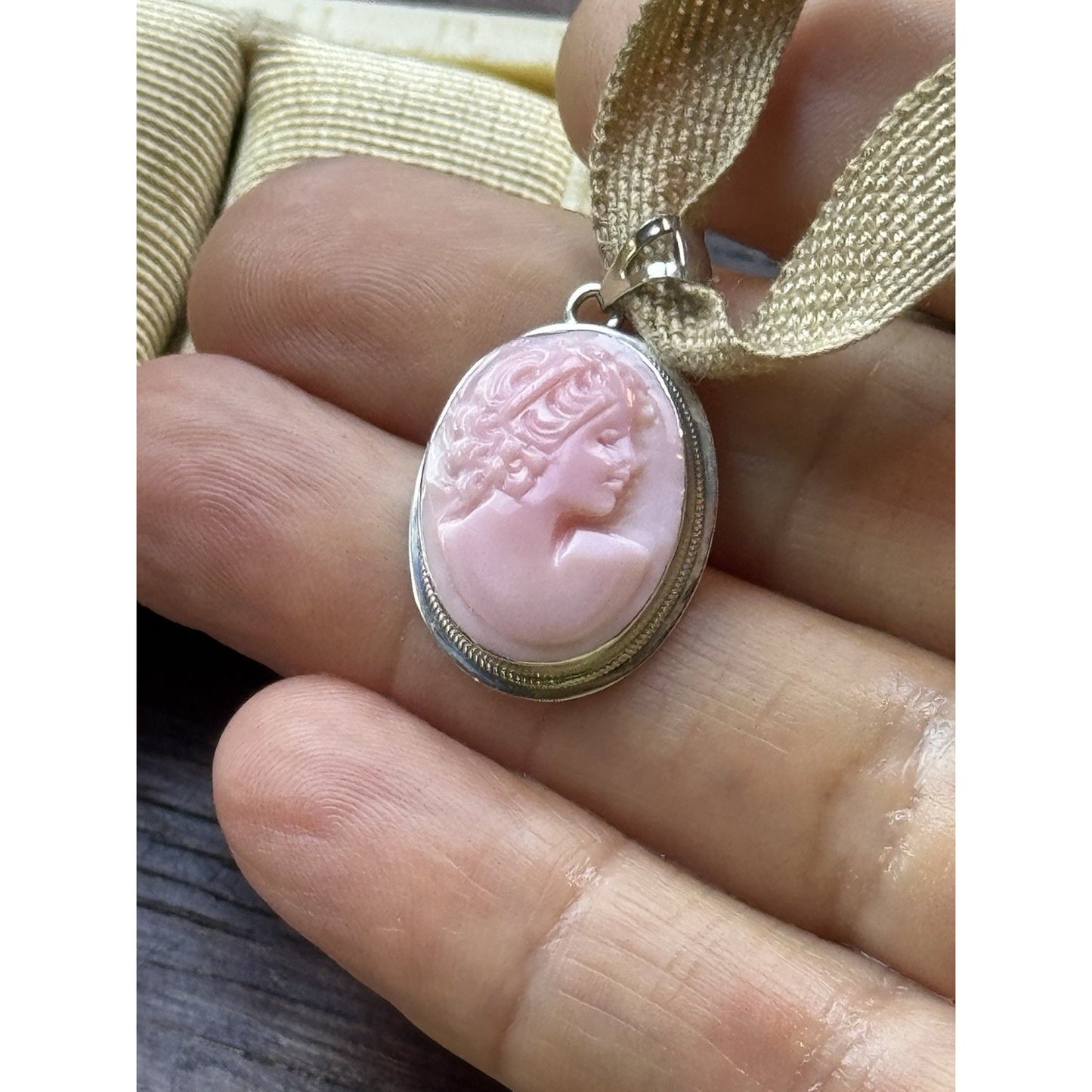 Sterling Silver Pink Cameo Pendant 1” Hand Carved Italy Artist Signed 925
