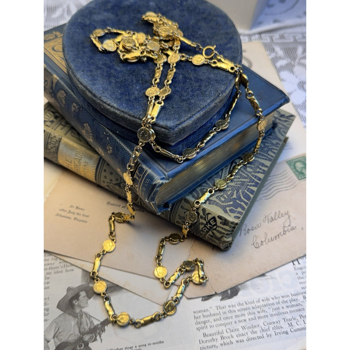 Goldtone Necklace Napoleon Coin Bar Link Chain Vintage Long Layering Sautoir 62”