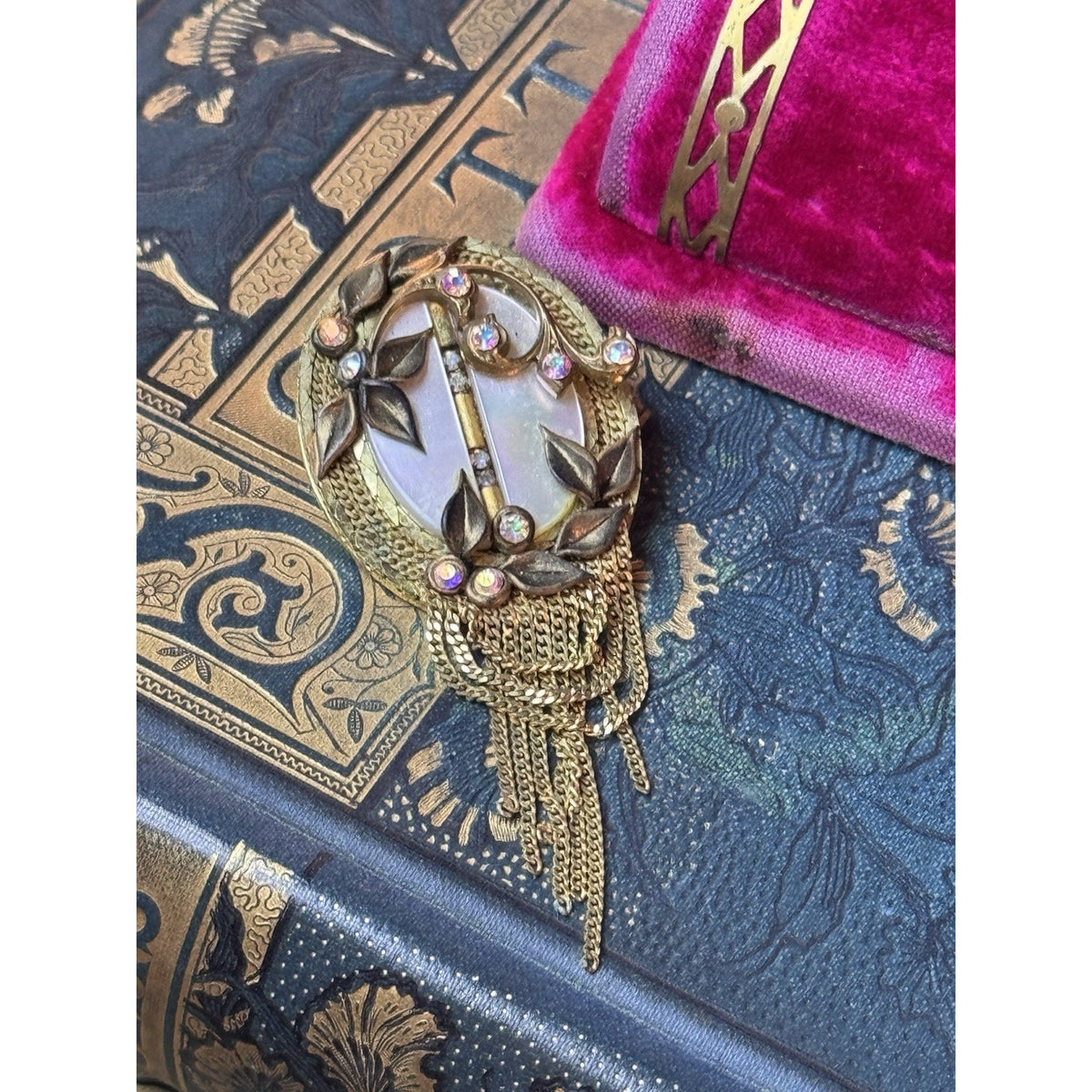 MARENA Brooch Pendant Goldtone Tassel Rhinestone Handmade Germany Vintage 2.75”