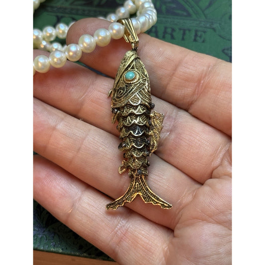 Goldtone Fish Pendant SILVER Filigree Faux Pearl Necklace Opening Fish 22”