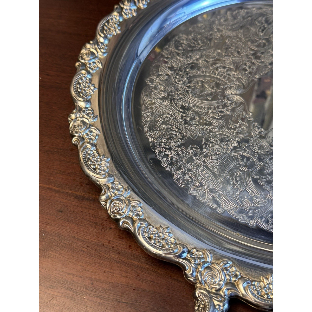 Silverplate Round Serving Tray Rose Border Handled Elegant Tableware