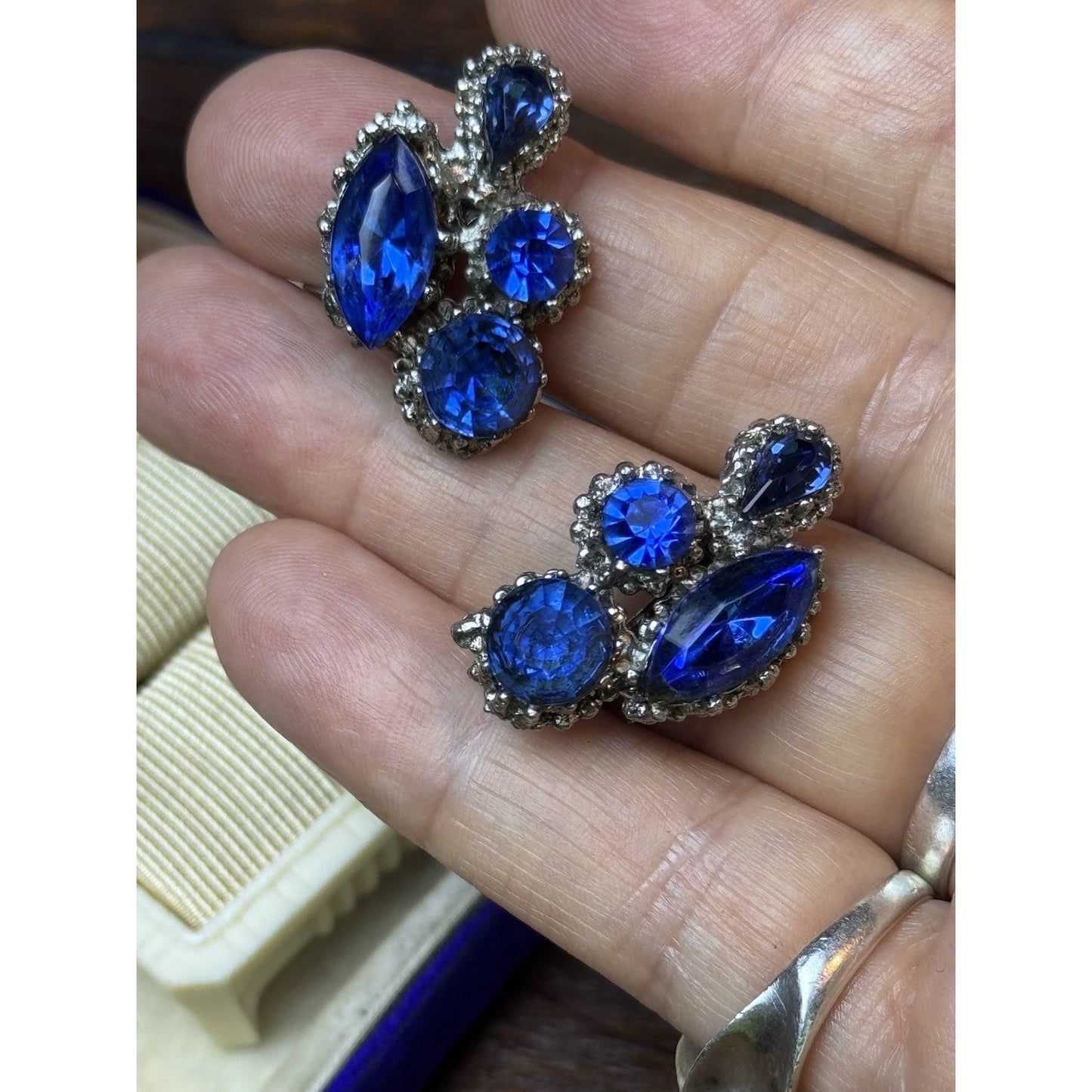 Vintage Cobalt Blue Rhinestone Clip On Earrings Silvertone