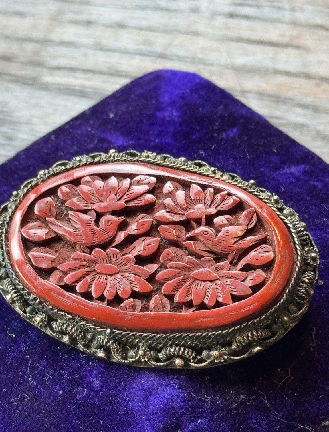 Vintage Cinnabar Brooch 2.25” Chinese EXPORT Carved Birds Flowers Silvertone