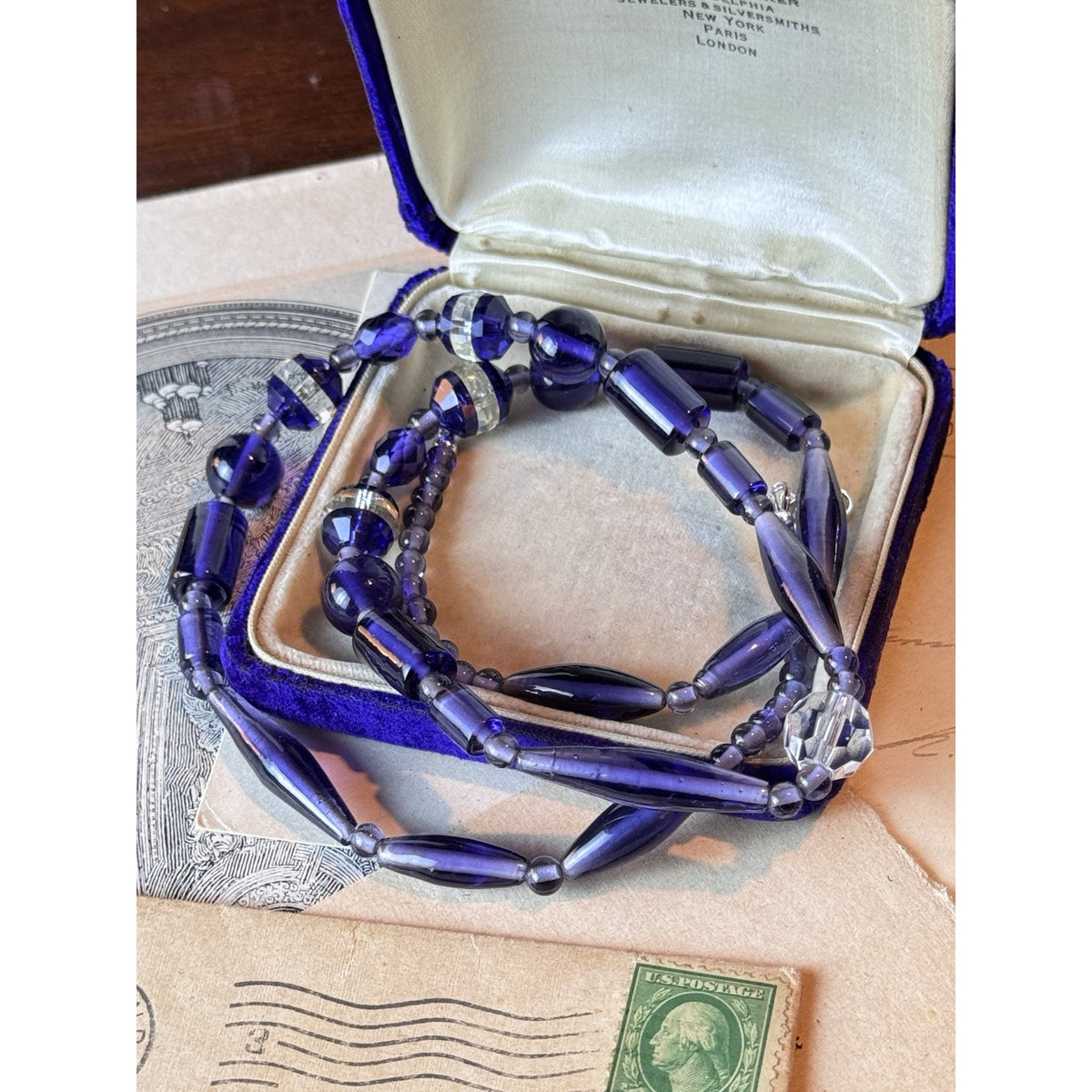 Art Deco Czech Purple Glass Crystal Bead Necklace Restrung 27.5” Vintage